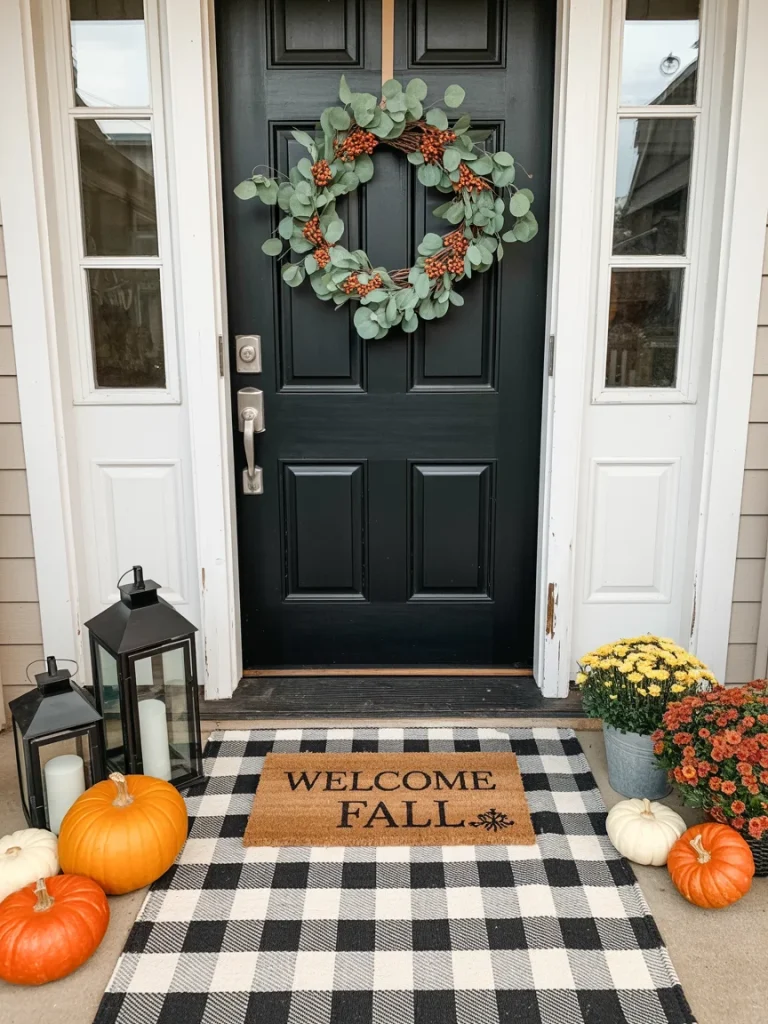 Black front door with a eucalyptus wreath, fall doormat, pumpkins, lanterns, and colorful mums arranged for seasonal porch decor.