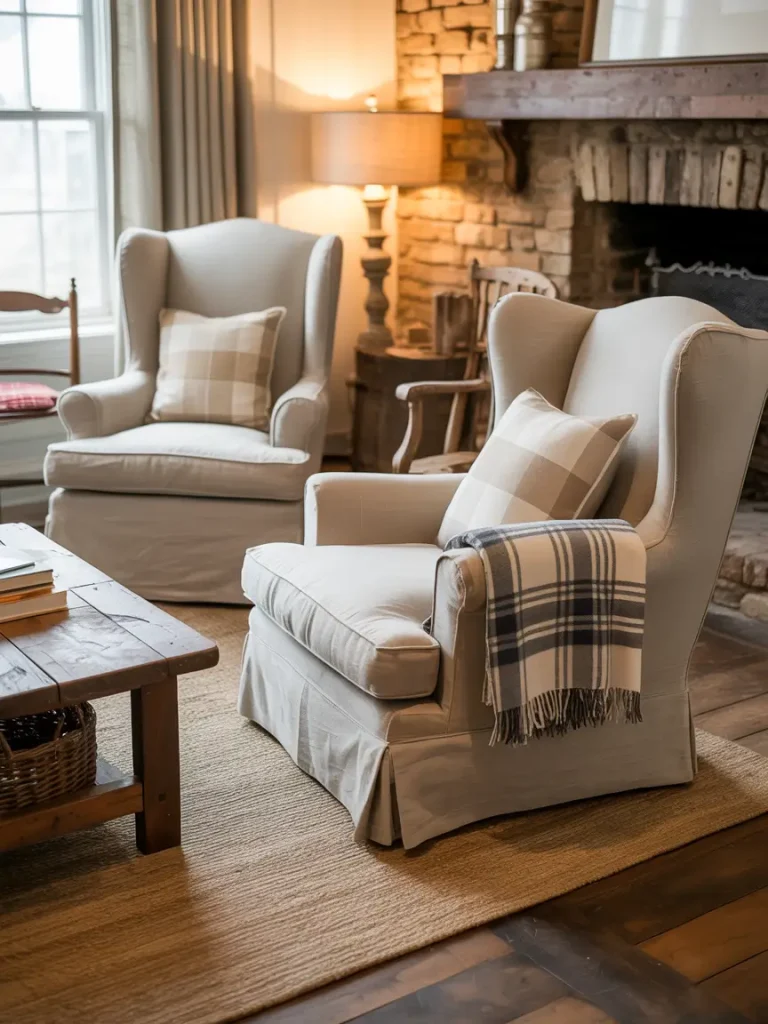 Farmhouse living room with neutral wingback chairs, plaid pillows, and rustic fireplace.