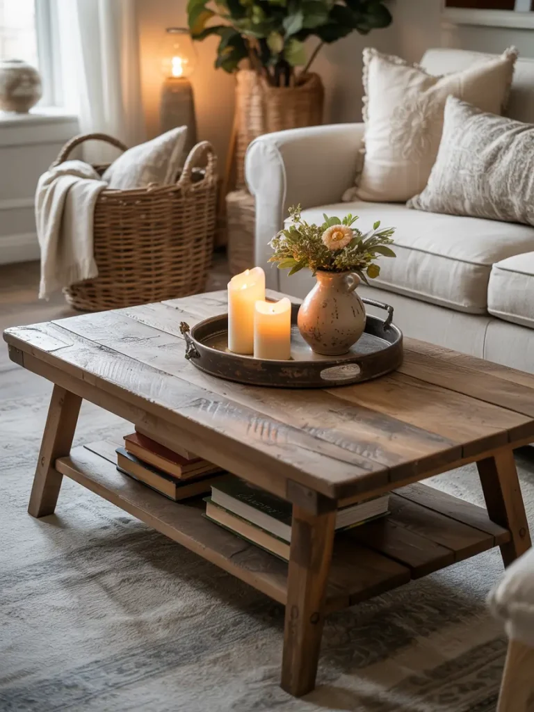Farmhouse coffee table styled with candles, flowers, and rustic accents.