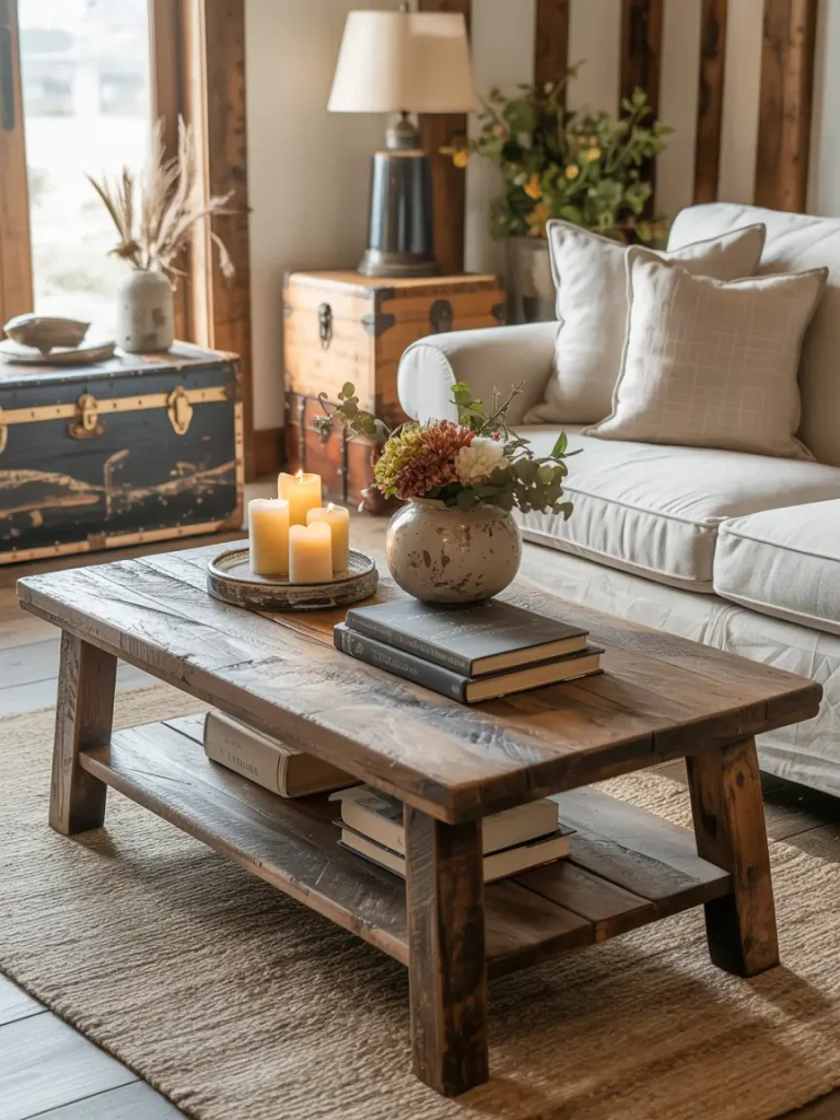Farmhouse living room with rustic wood coffee table, vintage trunks, and cozy neutral sofa.