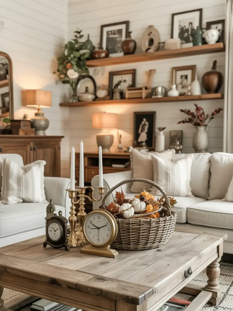 Farmhouse living room with rustic coffee table decor, vintage clocks, and styled shelves.