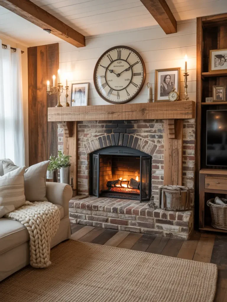 Farmhouse fireplace with rustic wood mantel, vintage clock, and cozy decor.