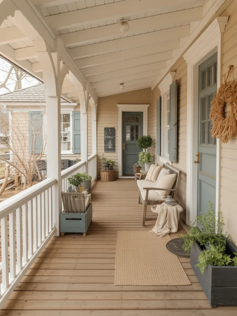 Farmhouse front porch with neutral beige siding, blue-gray doors, and natural wood accents.
