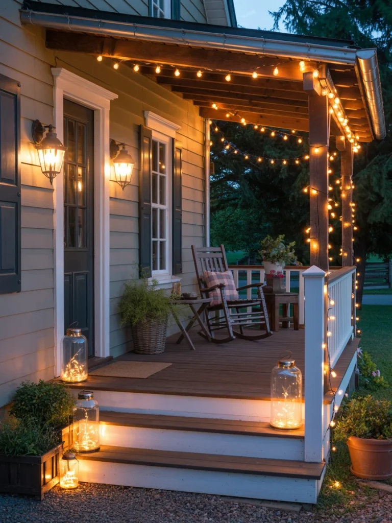 Farmhouse front porch decorated with string lights, lanterns, and a cozy rocking chair.