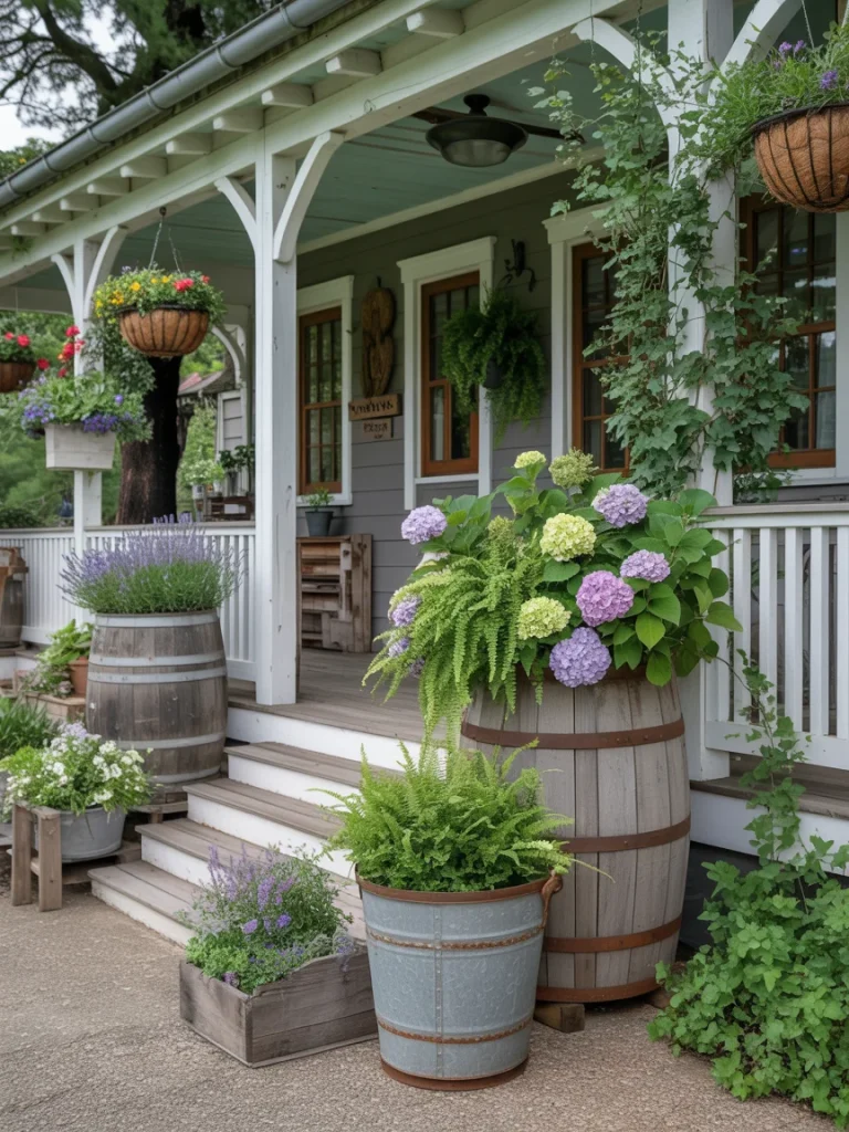 Farmhouse front porch with rustic planters, ferns, hydrangeas, and hanging baskets.