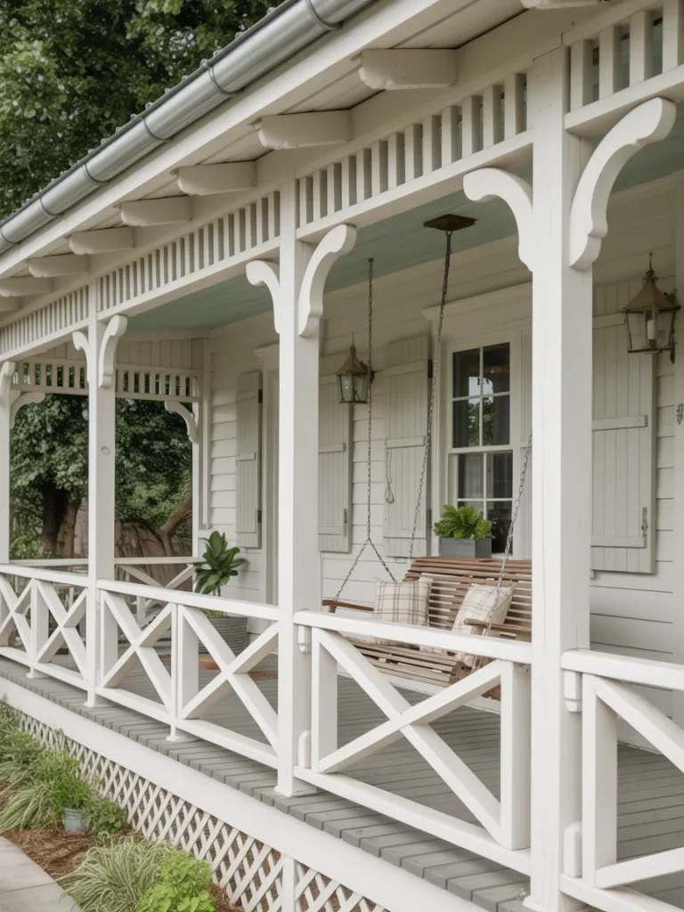 White farmhouse front porch with decorative railings, wood swing, and classic architectural details.