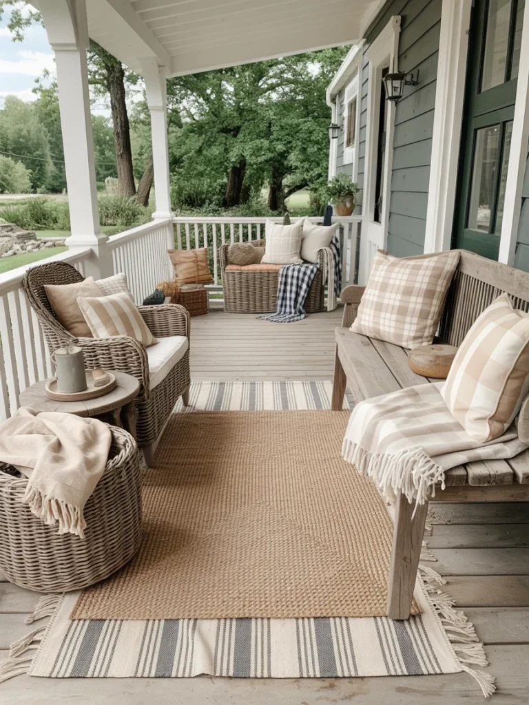 Farmhouse front porch with layered rugs, wicker chairs, and cozy plaid pillows.