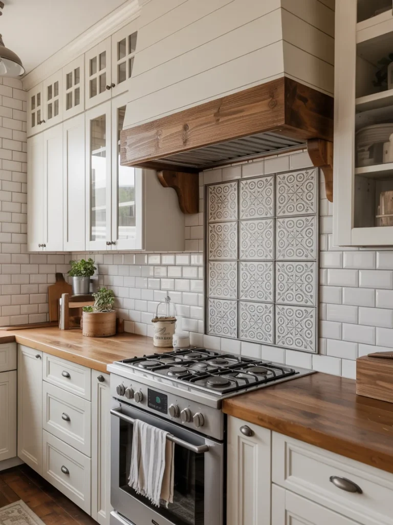 Farmhouse kitchen with subway tile backsplash and patterned tile accent behind stove.