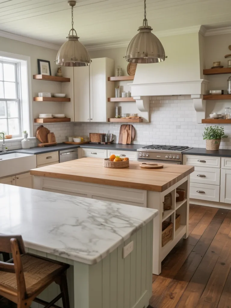 Farmhouse kitchen with mixed countertops, including a marble breakfast bar, butcher block island, and dark stone surfaces.