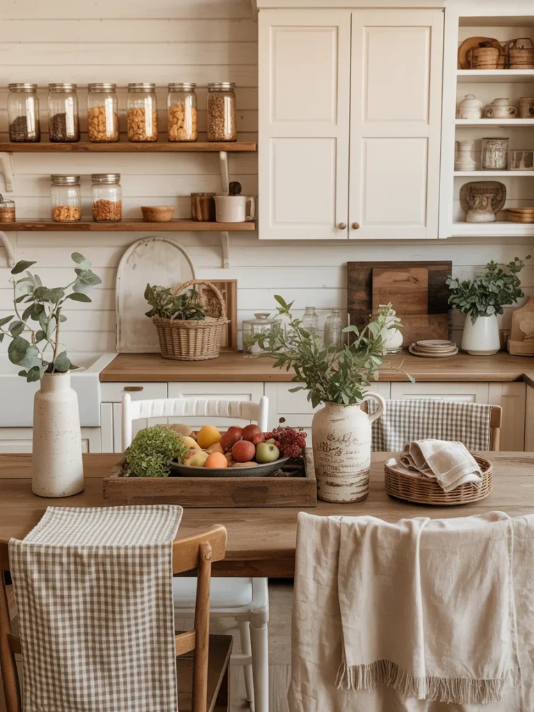 Cozy farmhouse kitchen with rustic wood accents, open shelving, glass jar storage, and natural decor accessories.