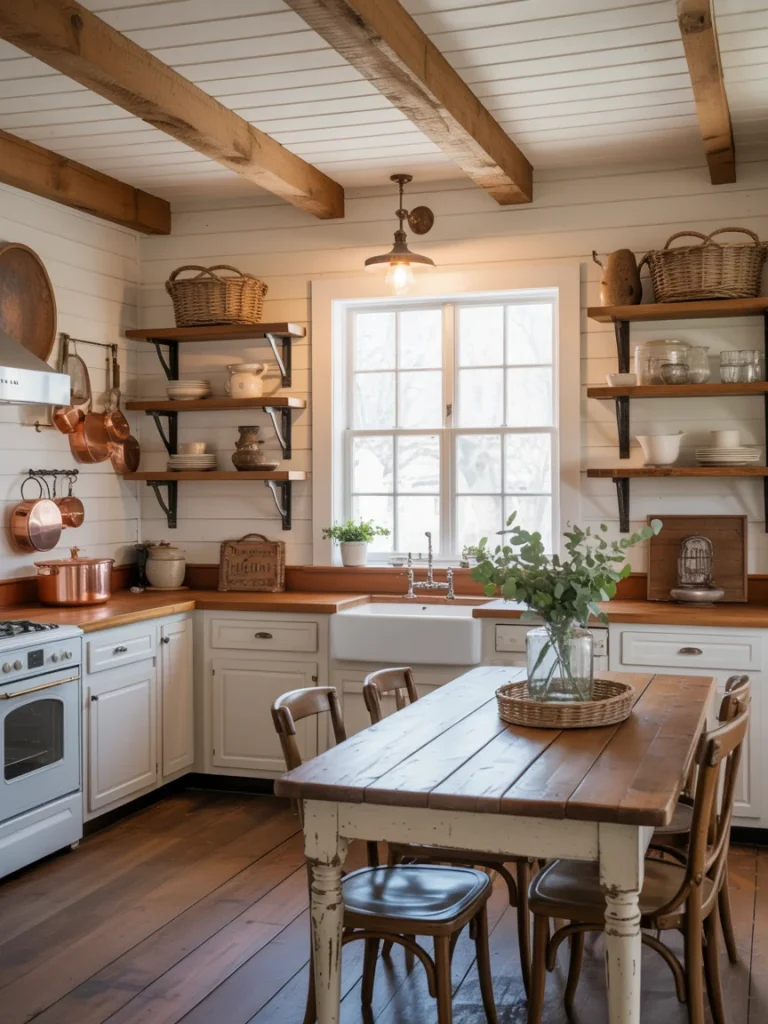 Farmhouse kitchen with wooden beams, white cabinetry, open shelves, copper accents, and a rustic dining table.