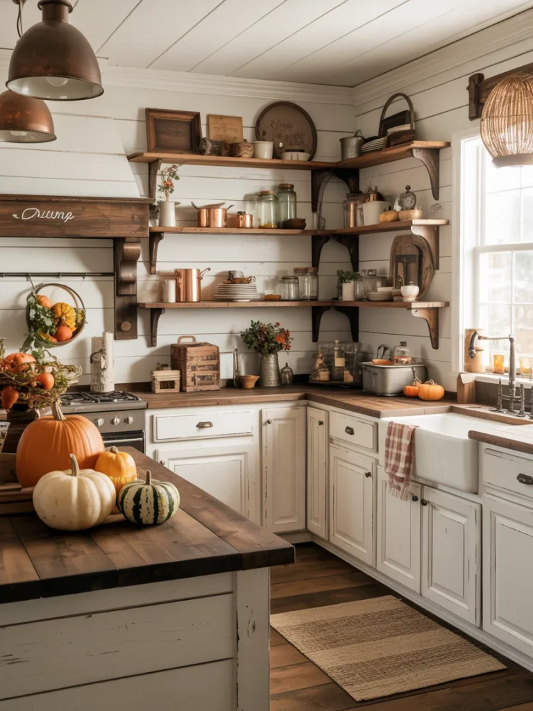 Farmhouse kitchen decorated for fall with pumpkins, rustic wood shelves, copper accents, and cozy seasonal details.