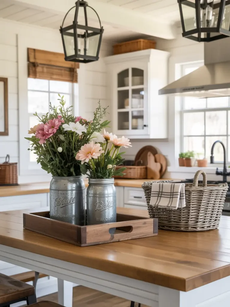Farmhouse kitchen island decorated with mason jar flower vases and a woven basket.