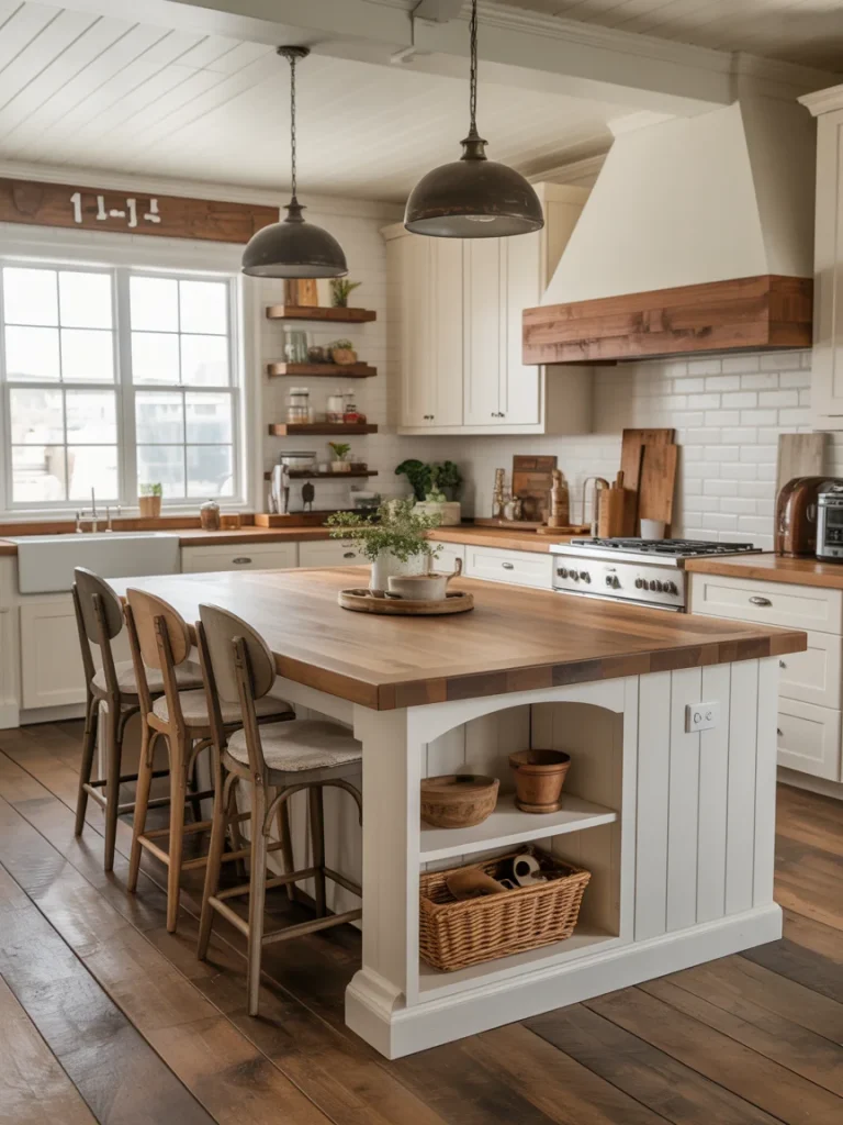 Farmhouse kitchen island with wooden countertop, bar stools, built-in shelving, and pendant lighting.
