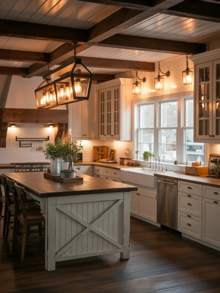 Warm farmhouse kitchen with rustic pendant lights, wooden beams, and a large island with seating.