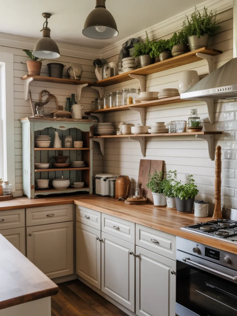 Farmhouse kitchen with open wooden shelves, white cabinets, and herb planters for storage and decor.