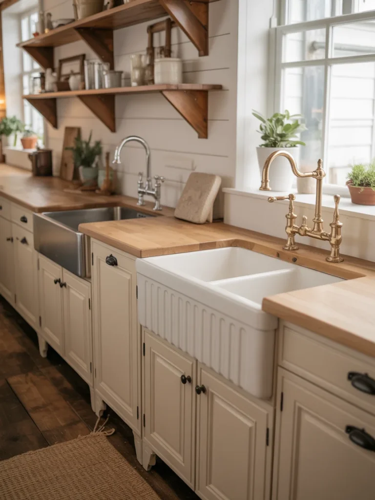 Farmhouse kitchen with apron-front sink, butcher block countertops, brass faucet, and open wooden shelving.