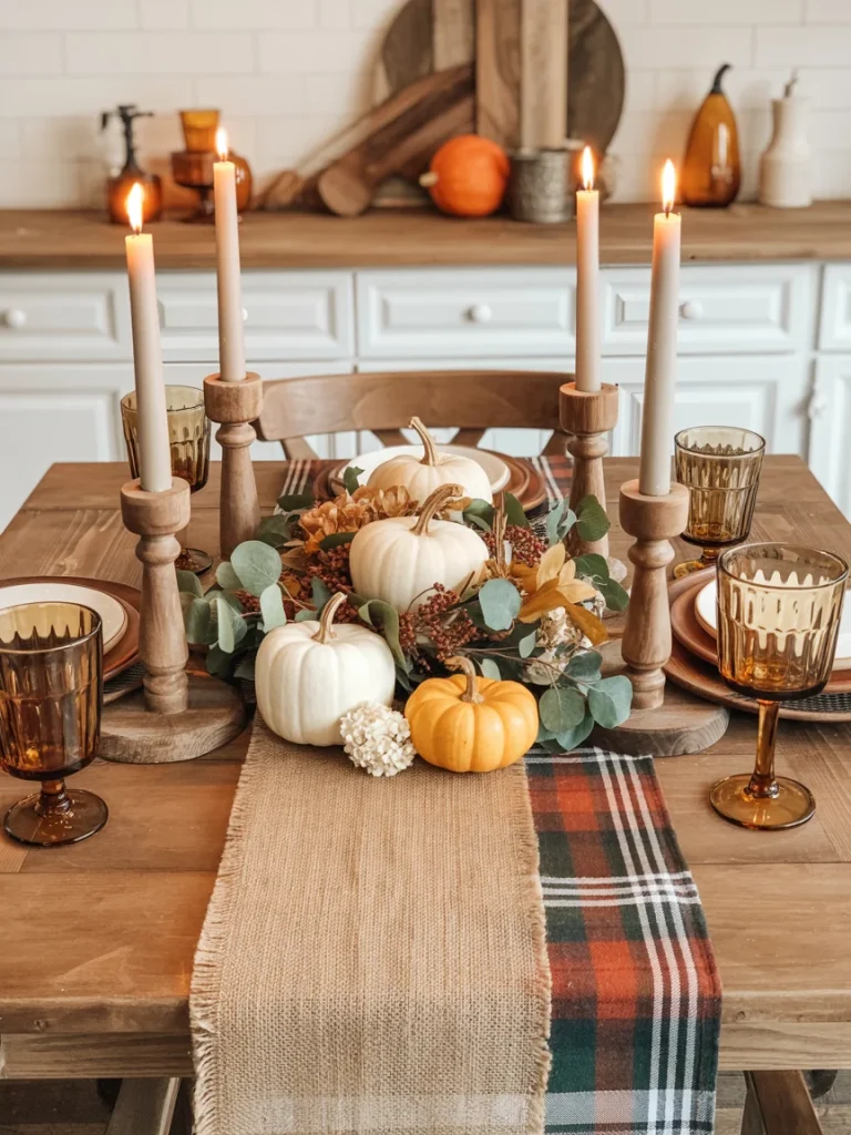 Farmhouse kitchen table decorated for fall with candles, pumpkins, greenery, and amber glassware on a plaid and burlap table runner.