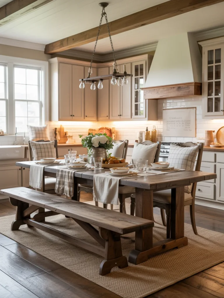 Farmhouse kitchen with a rustic wooden dining table, bench seating, and cozy upholstered chairs.