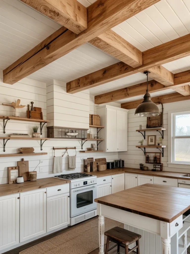 Farmhouse kitchen with white shiplap walls, exposed wooden ceiling beams, and rustic open shelving.