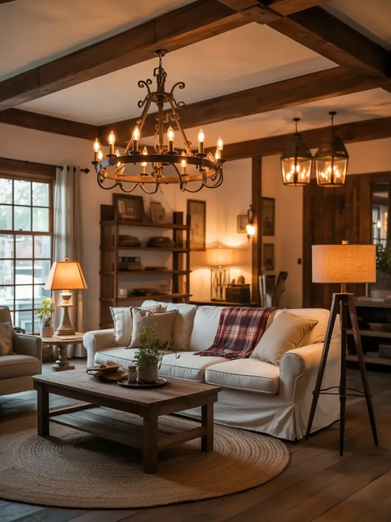 Farmhouse living room with rustic chandelier, lantern pendants, and cozy layered lighting.