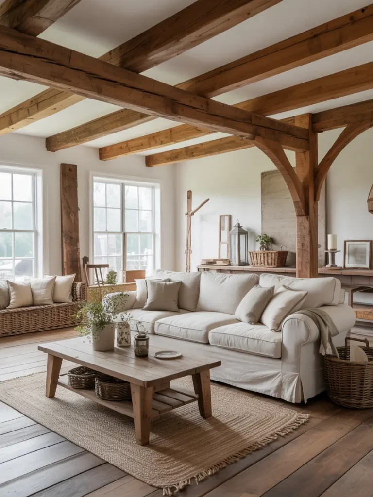 Farmhouse living room with exposed wood ceiling beams, neutral sofa, and rustic coffee table.