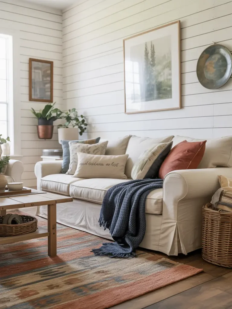 Farmhouse living room with a cozy white sofa decorated with neutral and muted-tone throw pillows, accented by a navy knit blanket, wicker baskets, and a rustic wooden coffee table on a patterned area rug.