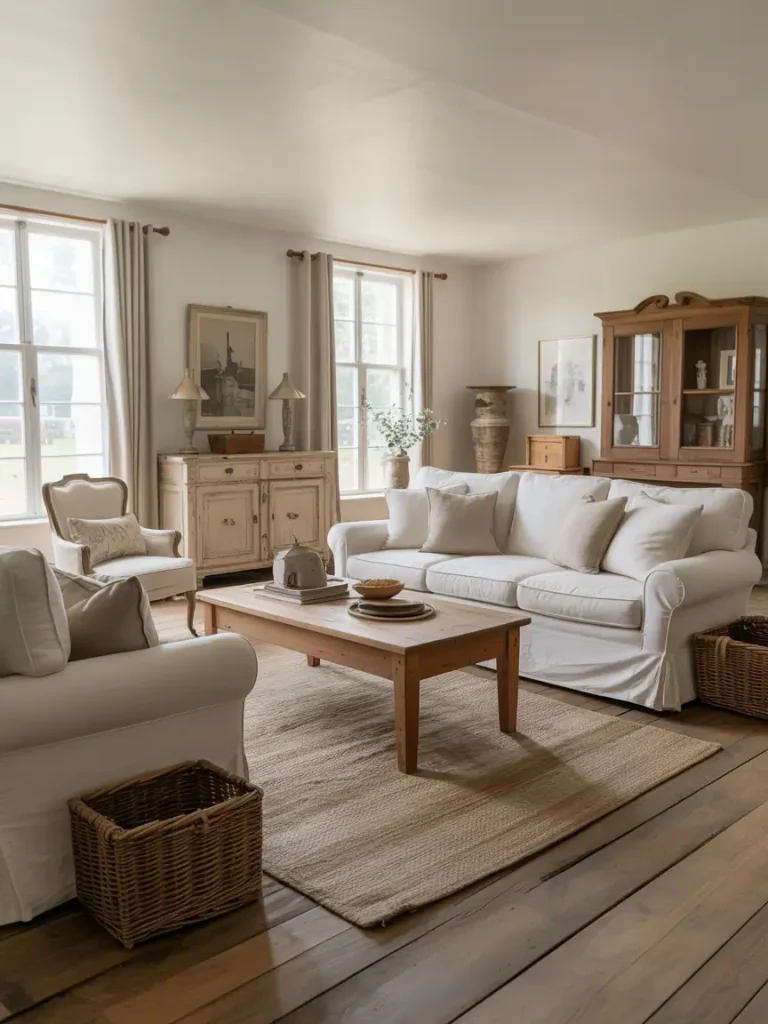 Farmhouse living room with neutral furniture, wood accents, and cozy rustic details.