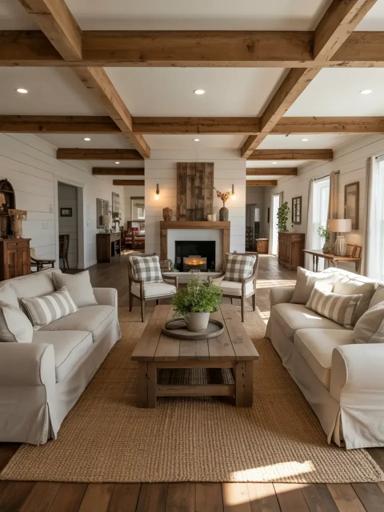 Farmhouse living room with symmetrical layout, exposed wood beams, and cozy fireplace.