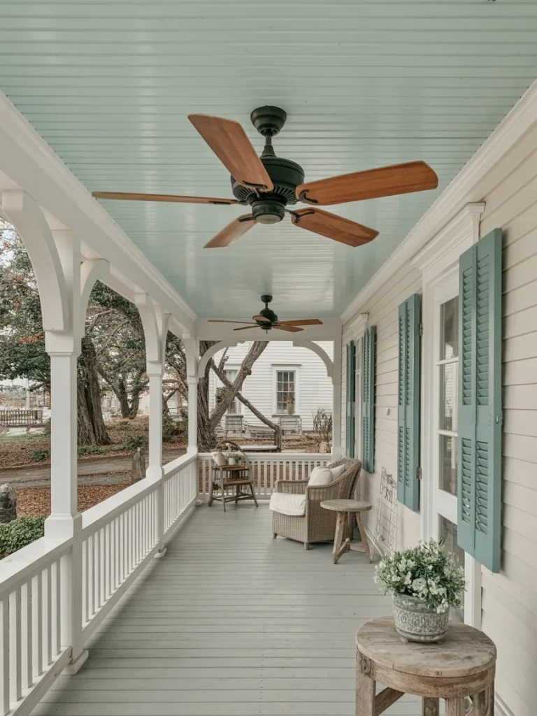 Farmhouse porch with light blue beadboard ceiling, ceiling fans, and cozy seating.