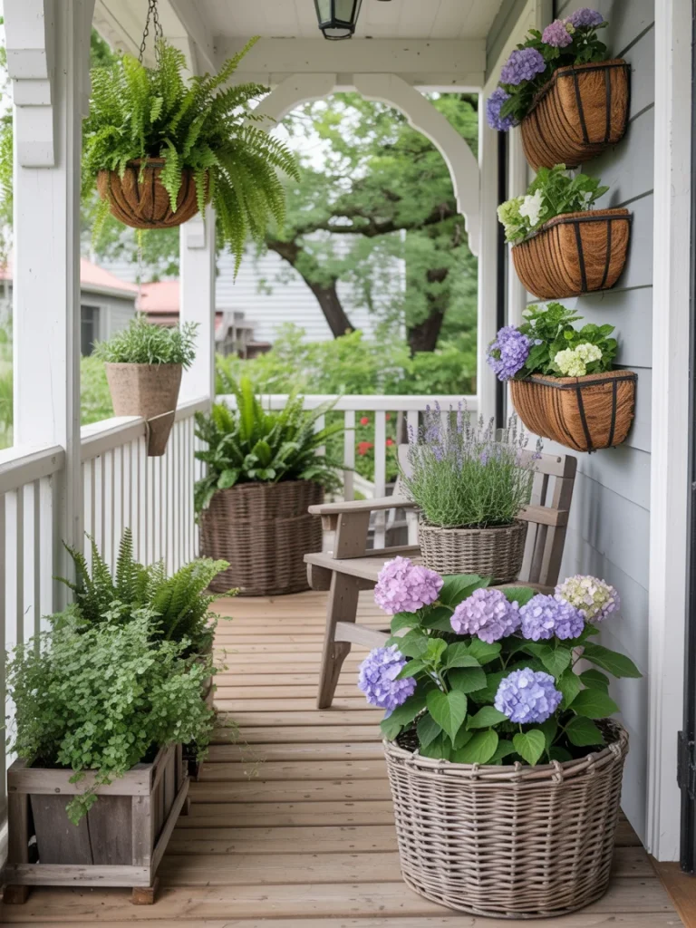 Farmhouse porch with wicker planters, hanging ferns, and colorful hydrangeas.