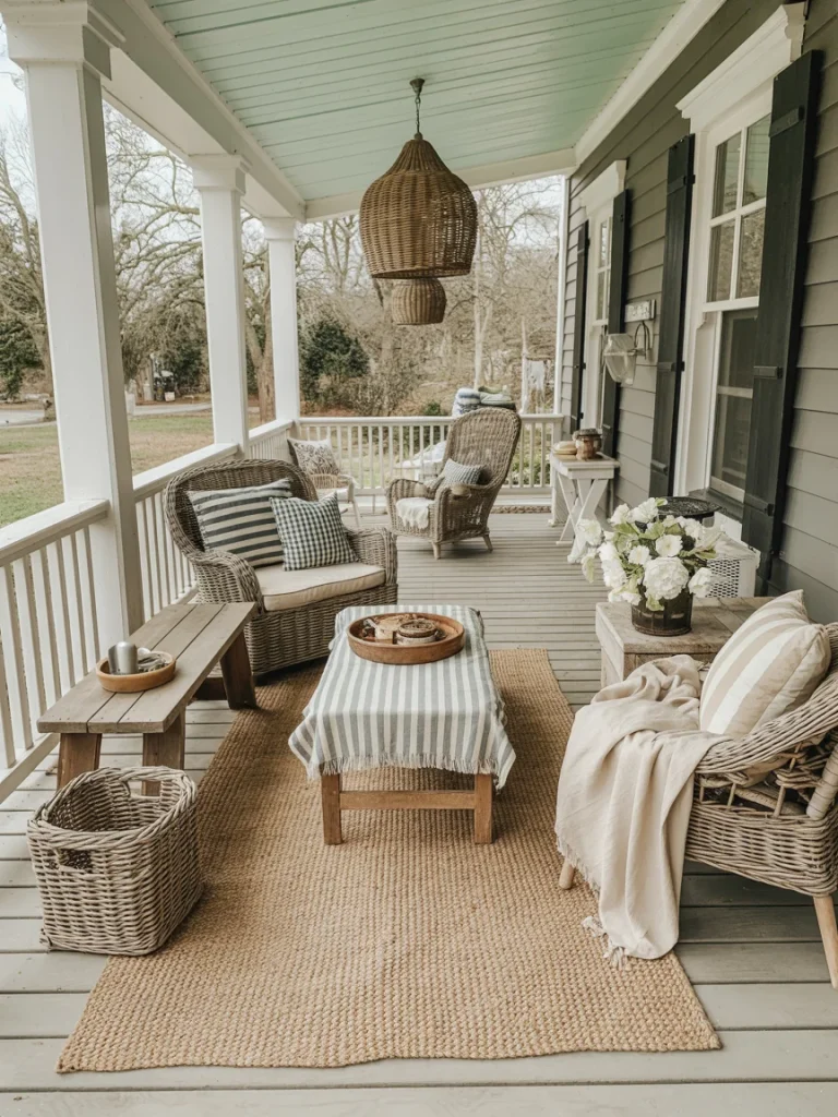 Farmhouse porch with wicker chairs, neutral textiles, striped cushions, and a woven rug.