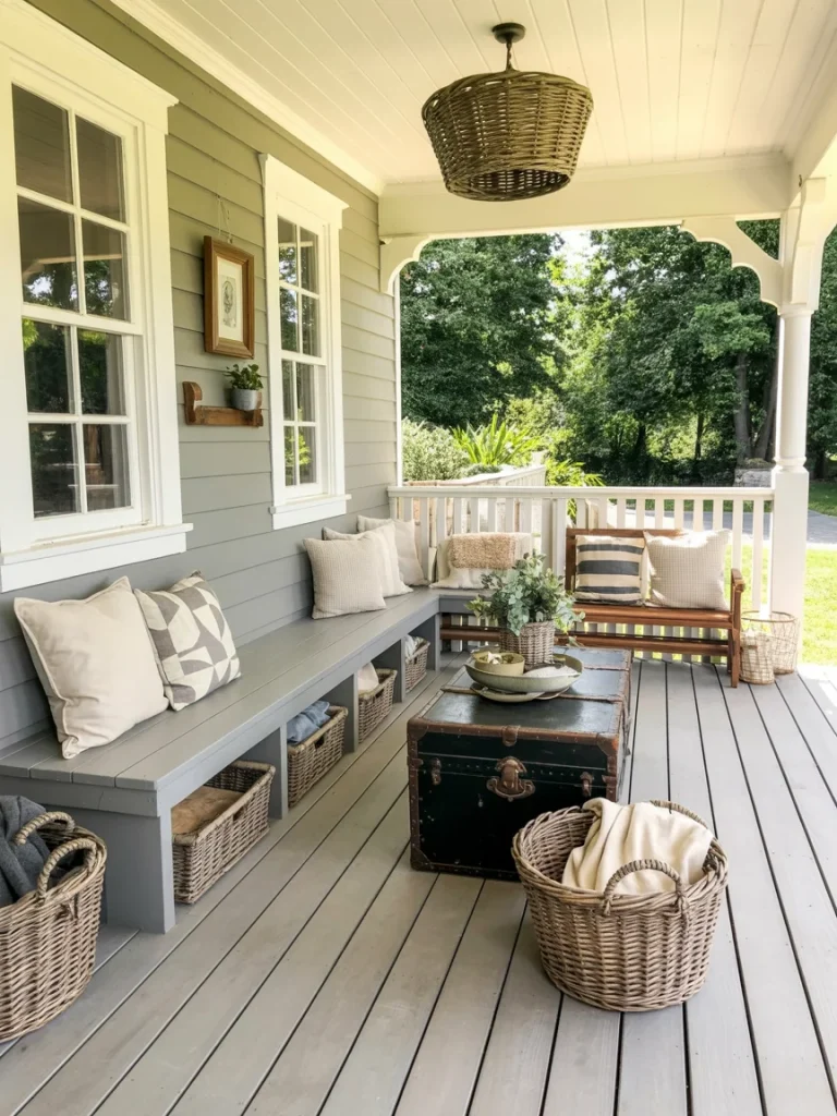 Farmhouse porch with built-in bench seating, wicker baskets, and vintage storage chest.