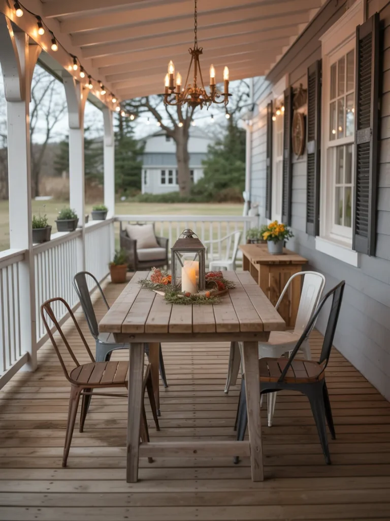 Farmhouse porch with rustic wooden dining table, metal chairs, and chandelier lighting.