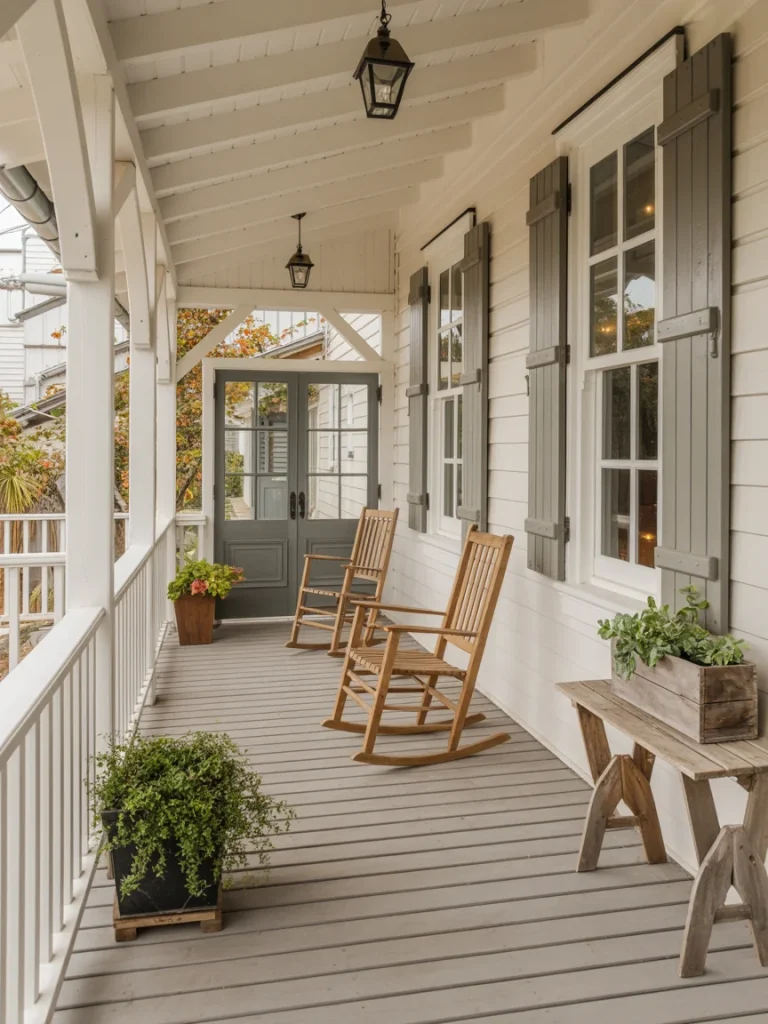 Farmhouse porch with wooden rocking chairs, potted plants, and classic windows with gray shutters beside a double front door.