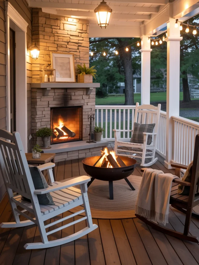 Cozy farmhouse porch with stone fireplace, fire pit, rocking chairs, and string lights creating a warm evening atmosphere.