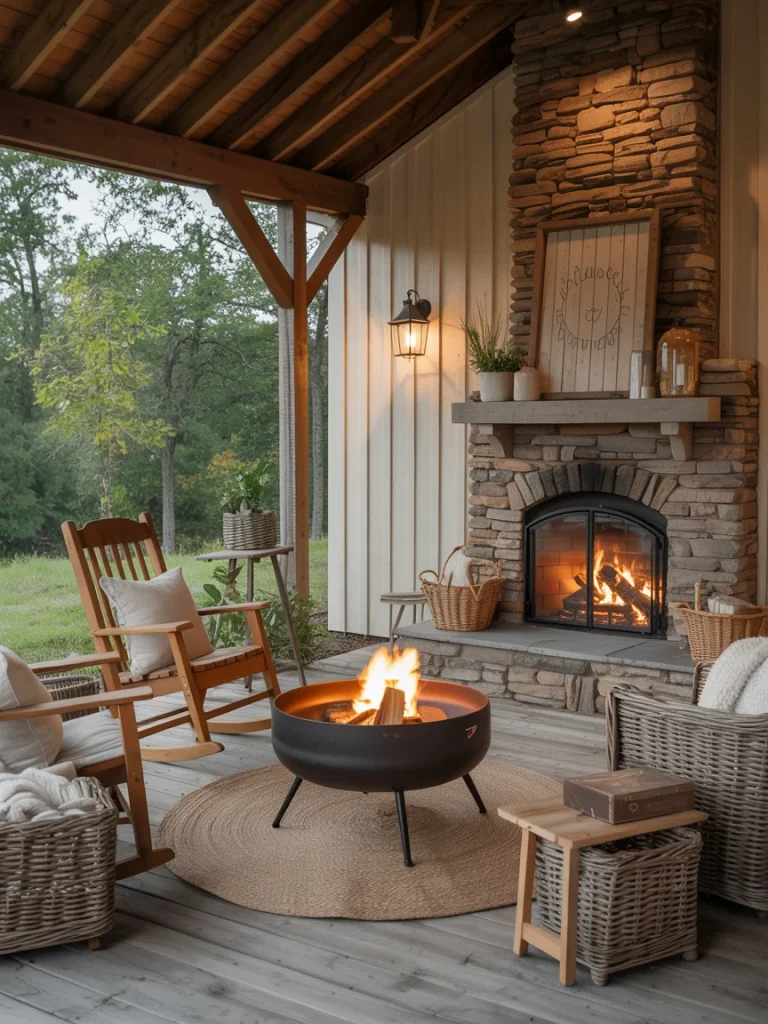 Farmhouse porch with stone fireplace, fire pit, wicker seating, and rustic wooden accents.