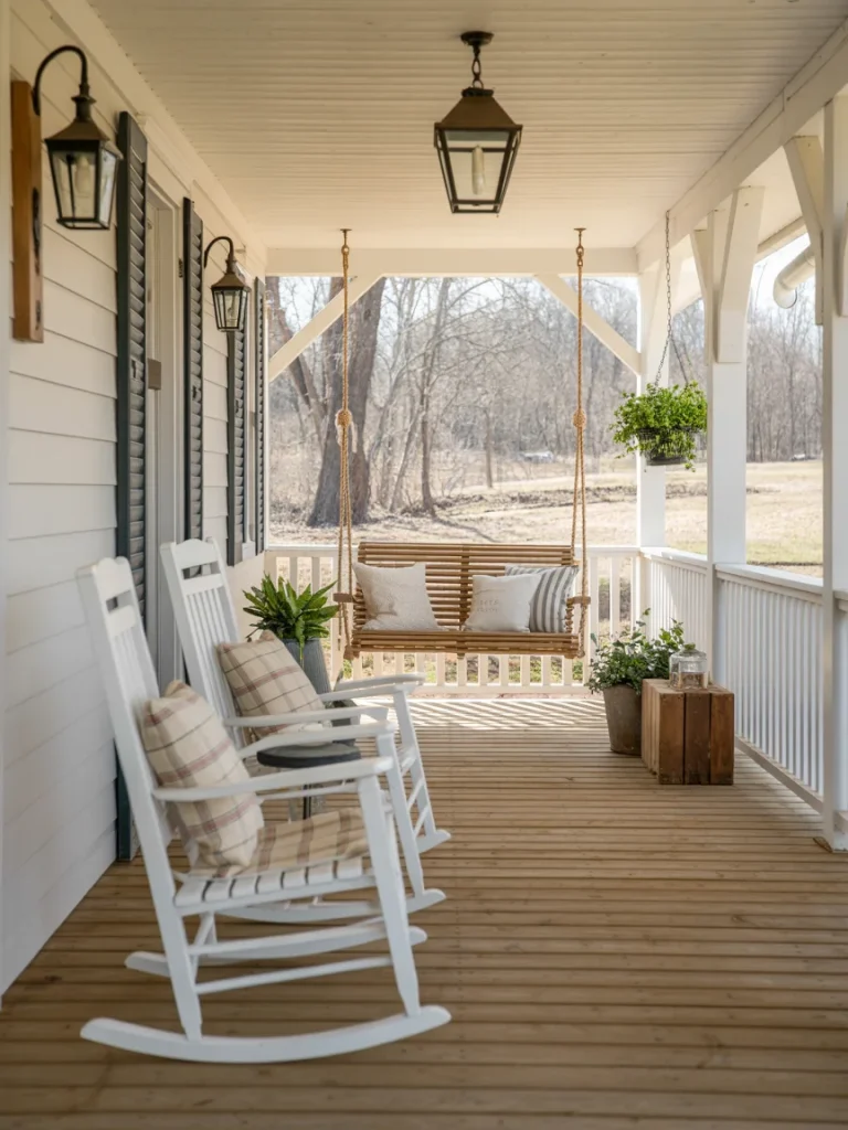 Farmhouse porch with white rocking chairs, plaid cushions, and a wooden porch swing.