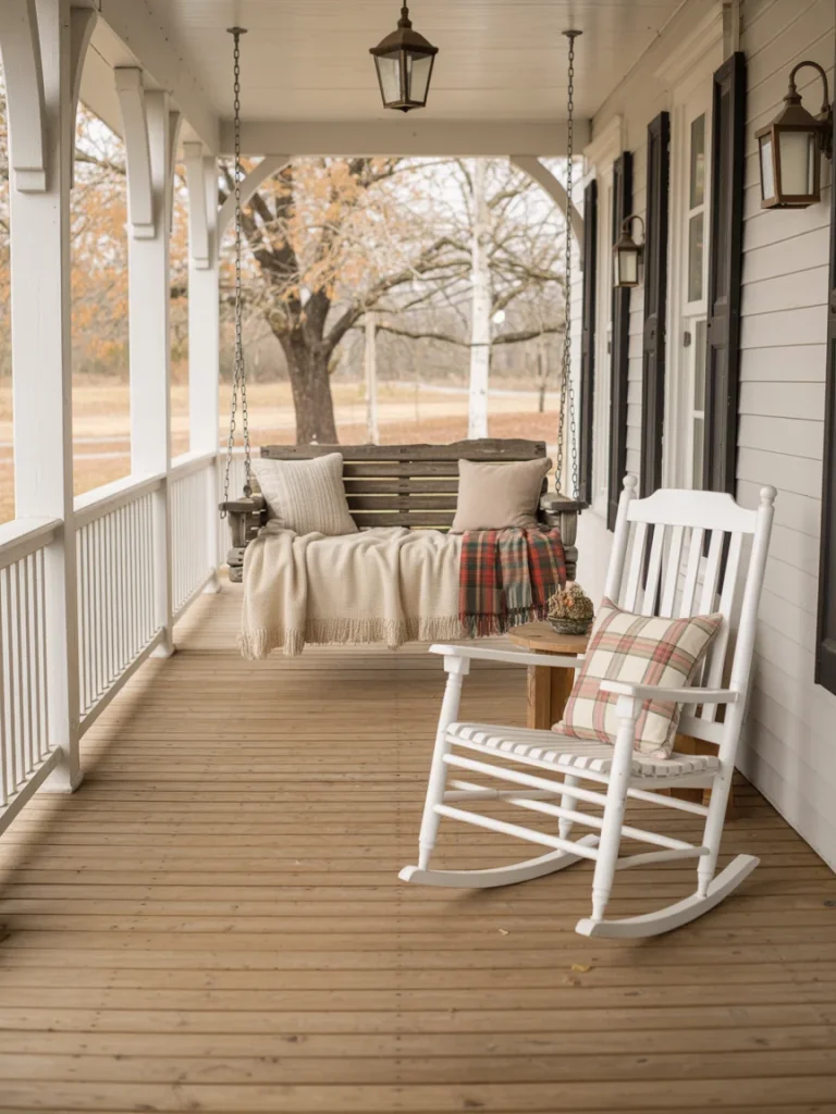 Farmhouse porch with white rocking chair, wooden swing, and plaid accents.