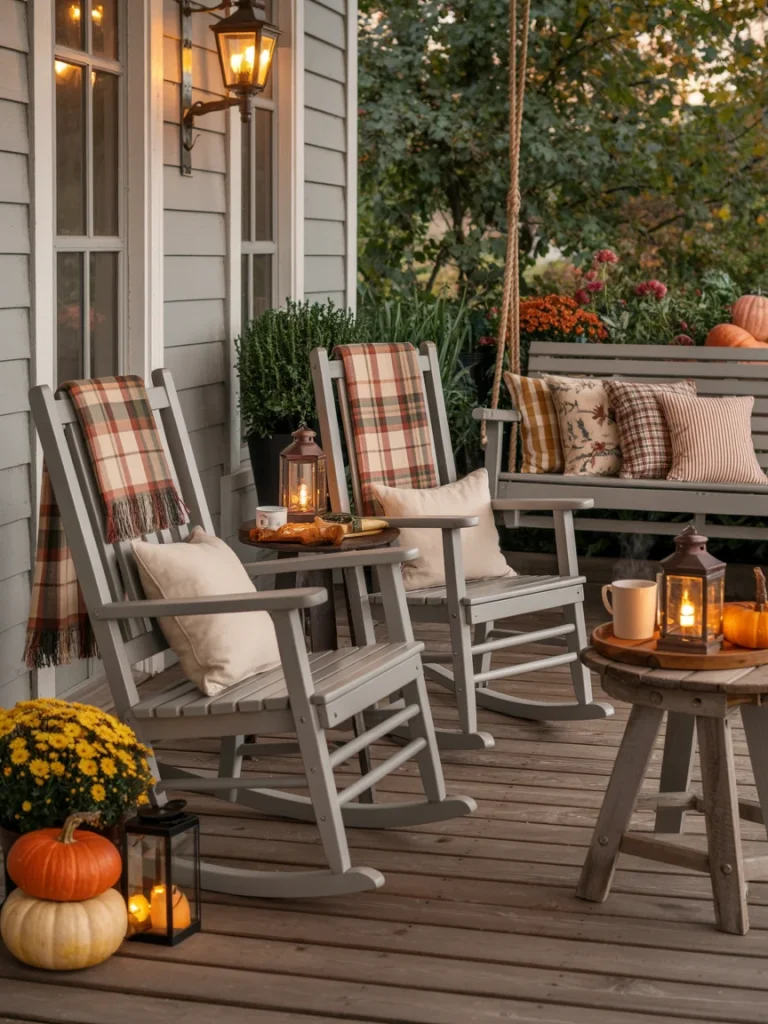 Cozy farmhouse porch with rocking chairs, plaid blankets, lanterns, and a porch swing decorated with fall pillows and pumpkins.