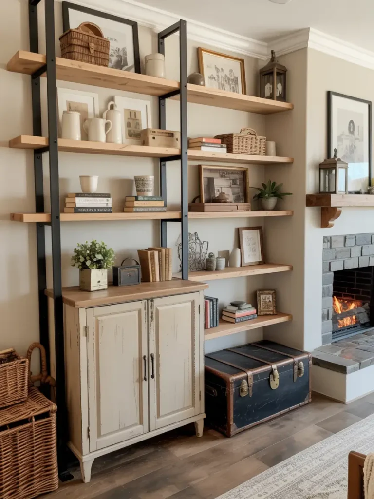 Farmhouse shelving with rustic storage baskets, books, and vintage decor accents.