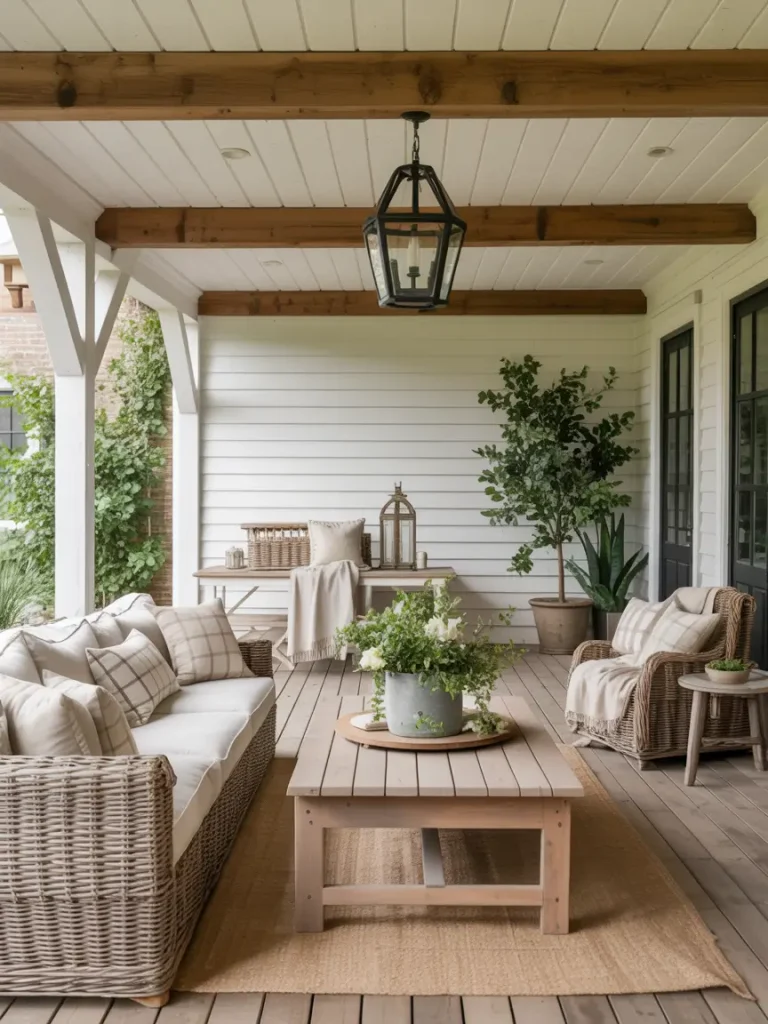 Farmhouse-style covered patio with wicker furniture, wood beams, and cozy neutral decor.