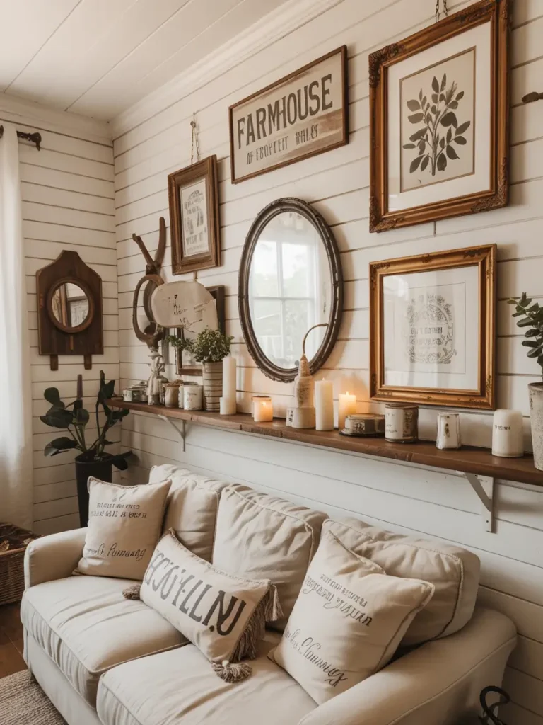 Farmhouse living room with shiplap wall, vintage framed art, and rustic wall décor.