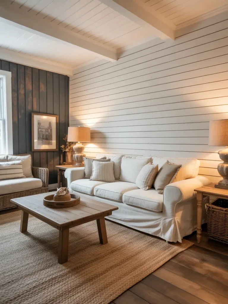 Farmhouse living room with white shiplap walls, dark accent wall, and cozy neutral furniture.