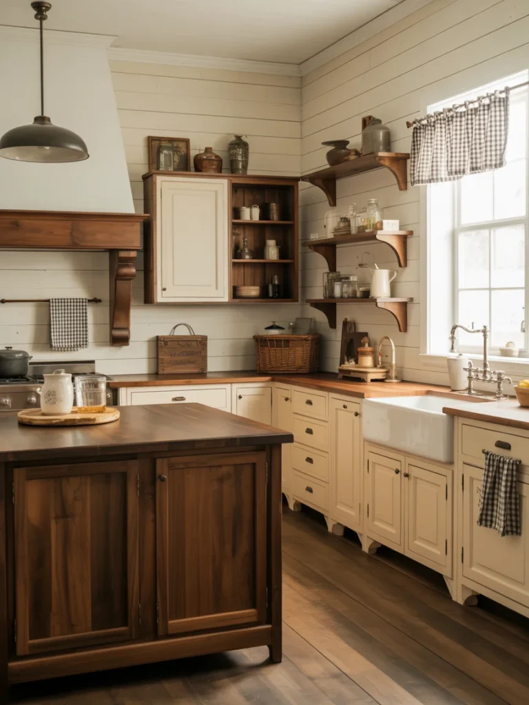 Farmhouse kitchen with white cabinetry, dark wood island, and rustic open shelving.