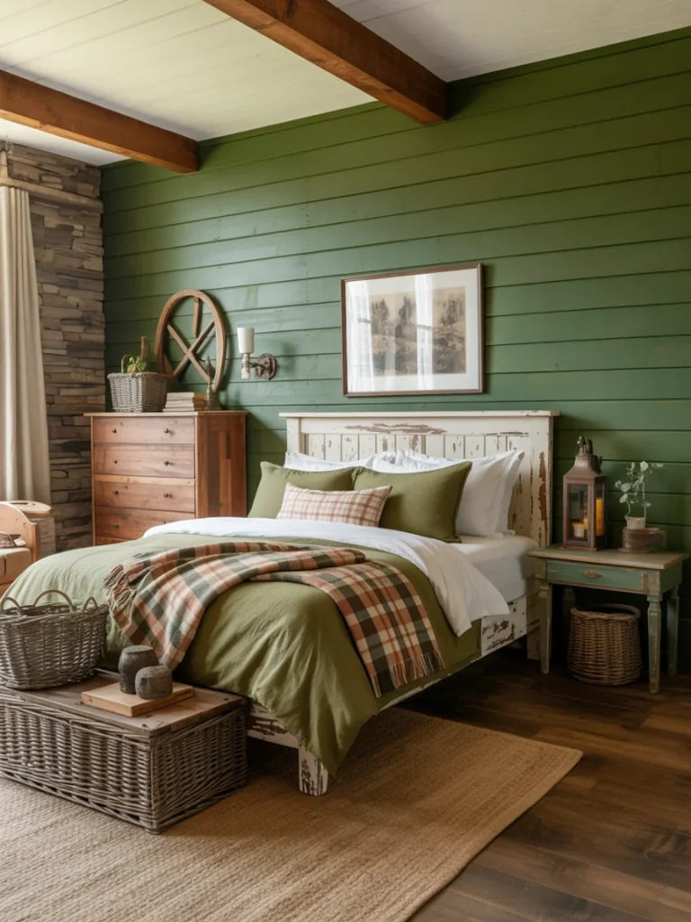 Farmhouse rustic green bedroom with wood accents and cozy plaid details.
