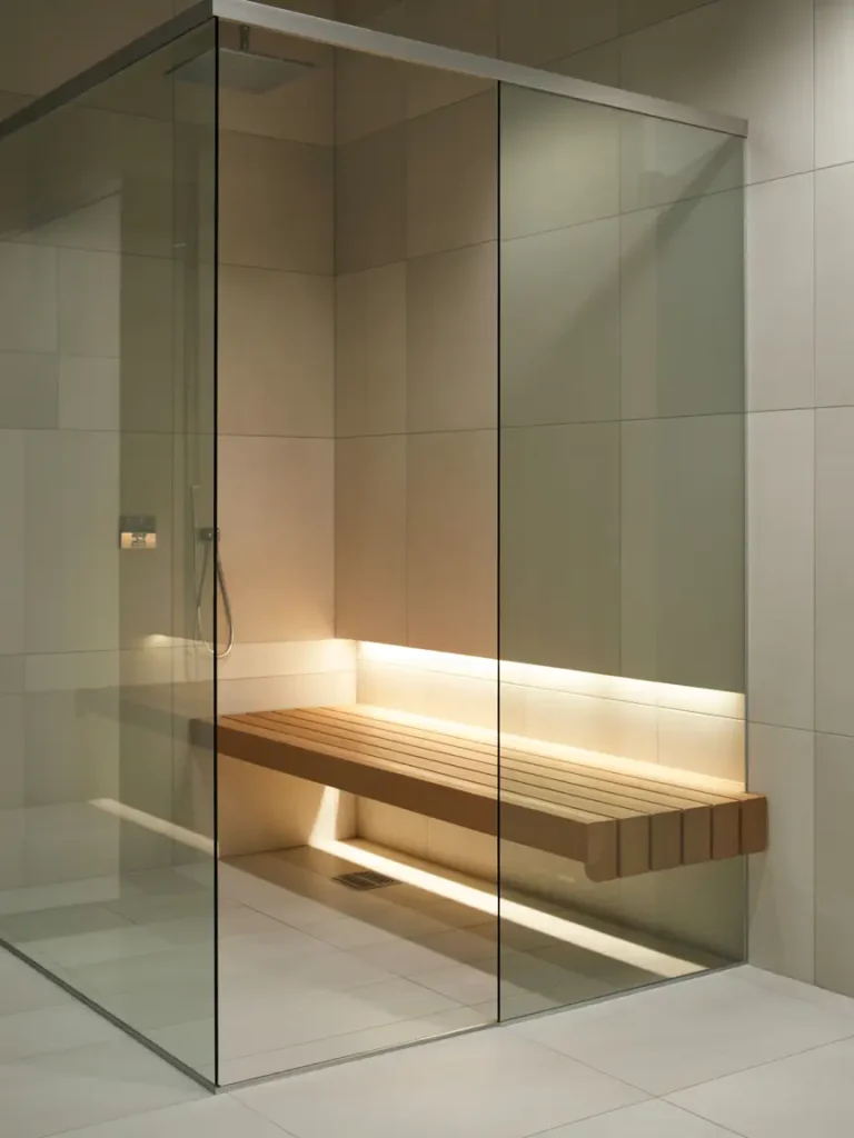 Minimalist modern shower with a sleek floating wooden bench, glass enclosure, and soft under-bench lighting.