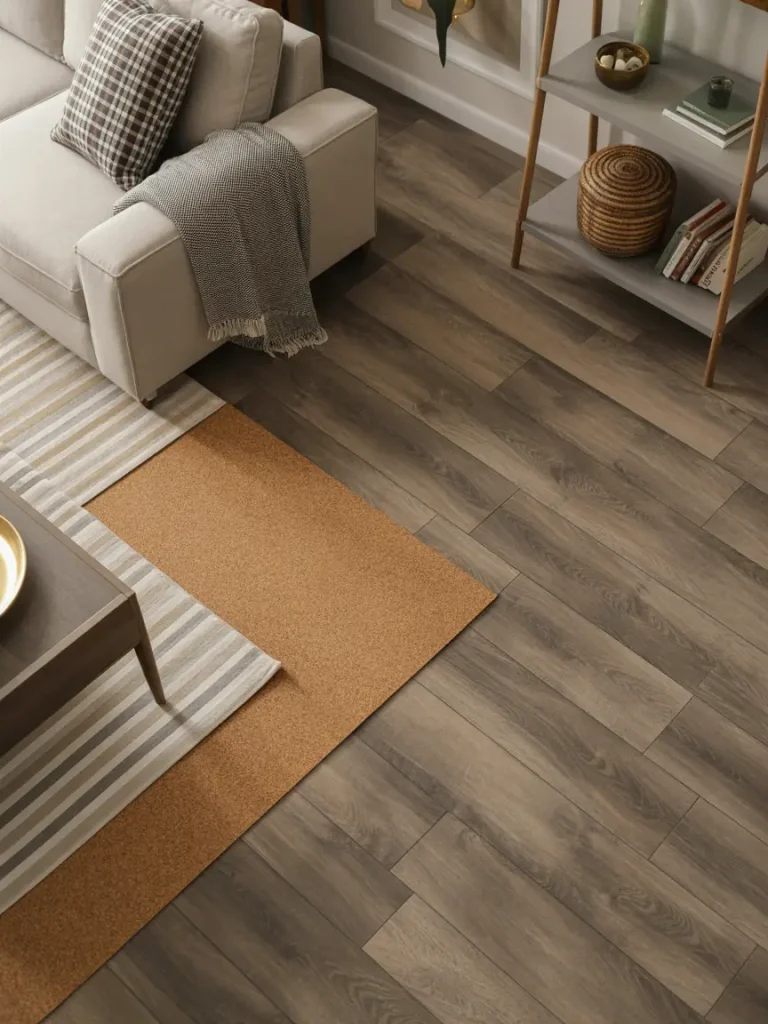 Basement living room with modern dark wood flooring, area rug, and cozy neutral sofa decor.