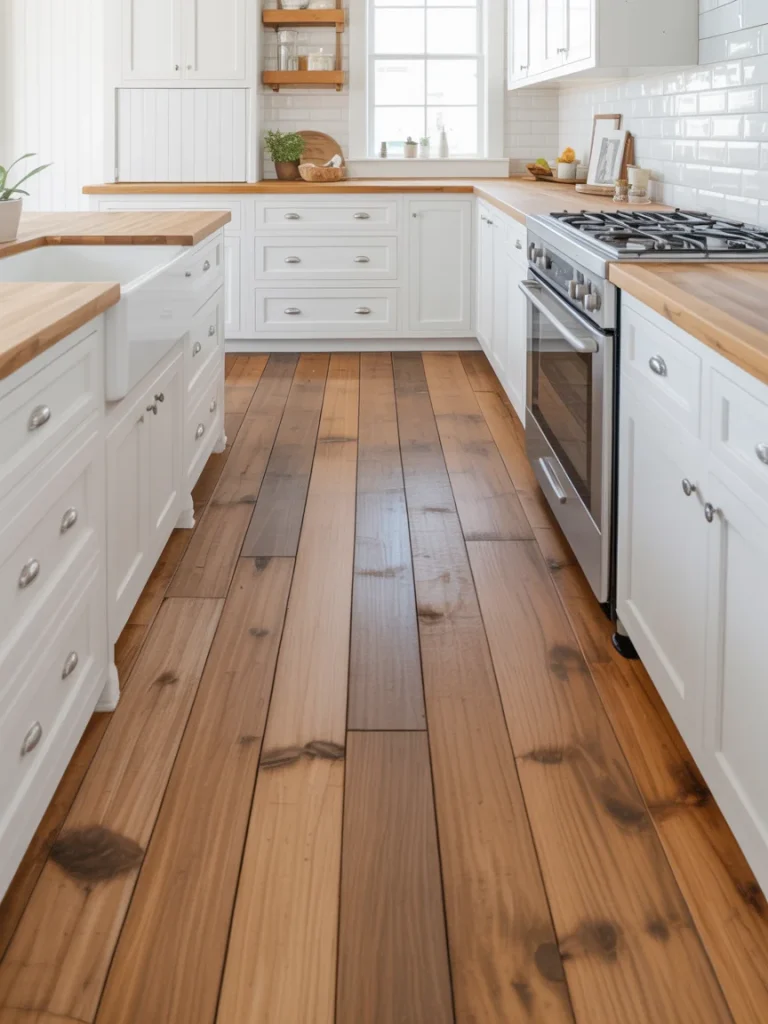 White modern farmhouse kitchen with natural wood plank flooring.