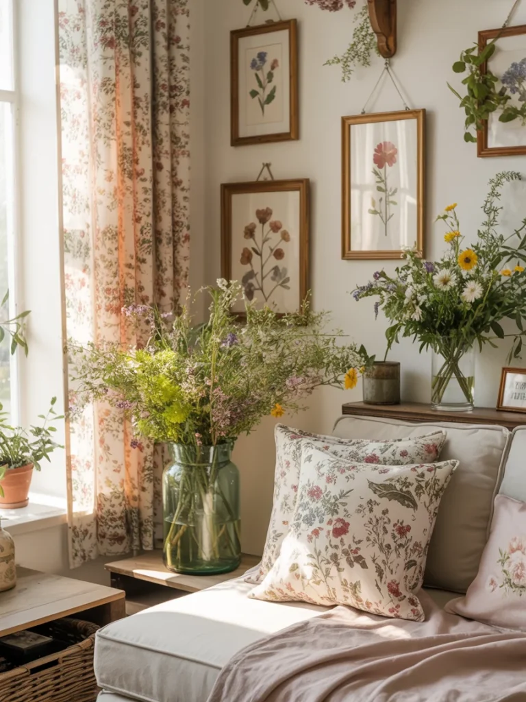 Cottagecore living space with floral pillows, botanical wall art, and fresh flower arrangements.